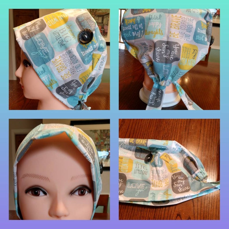 Surgical scrub hat inspiring quotes buttons back tie handmade