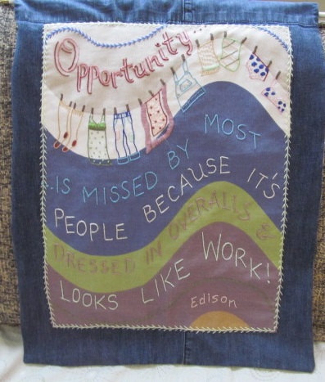Edison work quote hand embroidered art wall hanging banner Etsy