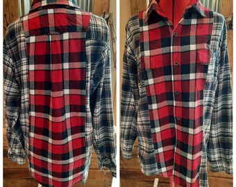 Spliced Flannel Plaid Shirt Upcycled Mens M or Woman L unisex