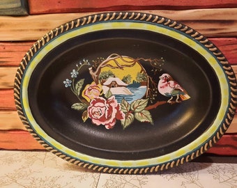 Upcycled vtg metal dish hand painted country scene one of a kind