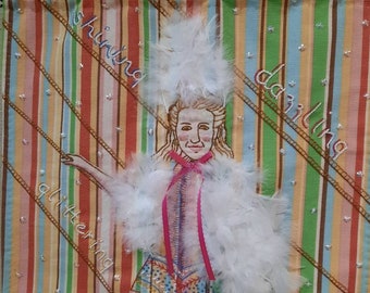 Fabric wall art Carnival Lady Embroidered On Upholstery Fabric Original feathers