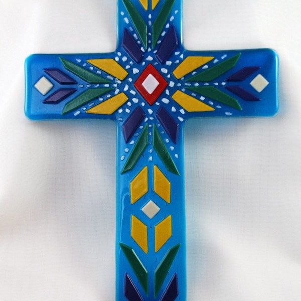 Fused glass wall cross - mexican blanket design