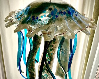 Fused glass hanging jellyfish wind chime sun catcher colorful unique gift jelly fish coastal marine kinetic window art