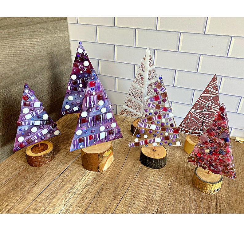 Whimsical fused glass Christmas trees / glass stringer art / natural wood bases / purple colorway image 1