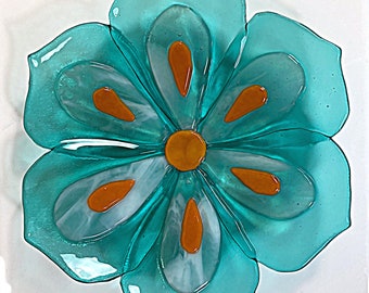 Fused Glass dimensional flower bowl in transparent aqua, wispy white, and pumpkin orange/decor bowl/ centerpiece/candy dish/trinket bowl