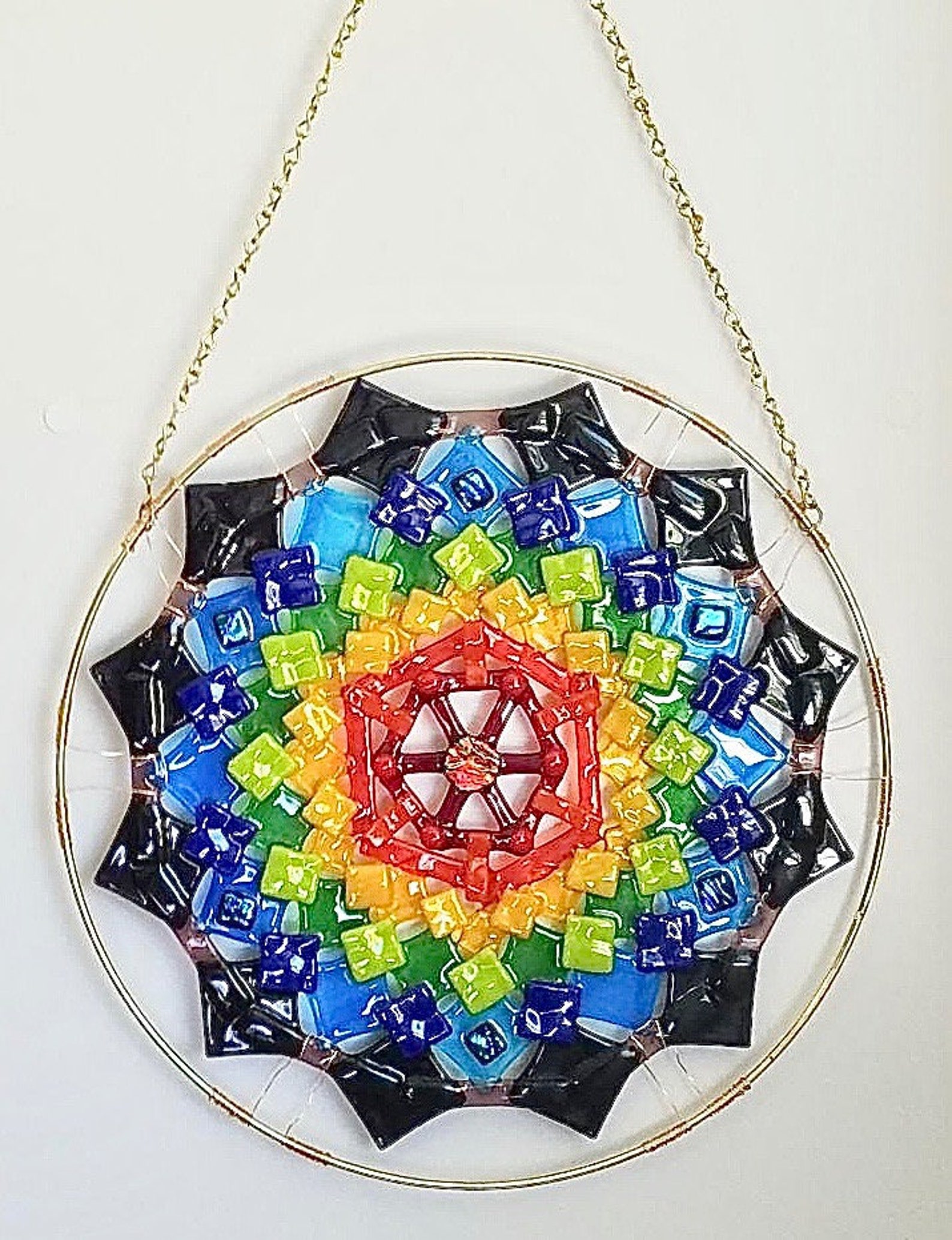 Large Rainbow Fused Glass Mandala Hanging Sun Catcher or Wall Art Etsy