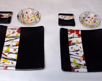 Fused Glass sushi dish set - Black & Autumn collage glass