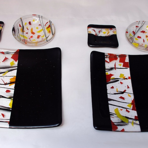 Fused Glass sushi dish set - Black & Autumn collage glass