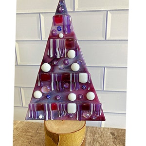 Whimsical fused glass Christmas trees / glass stringer art / natural wood bases / purple colorway Dripping horizontals