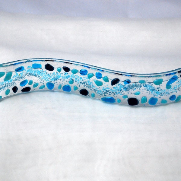 Curvy Photo stand - fused glass in blues, turquoise, and aquamarine