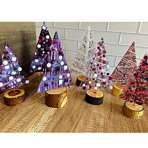 Whimsical fused glass Christmas trees / glass stringer art / natural wood bases / purple colorway image 2