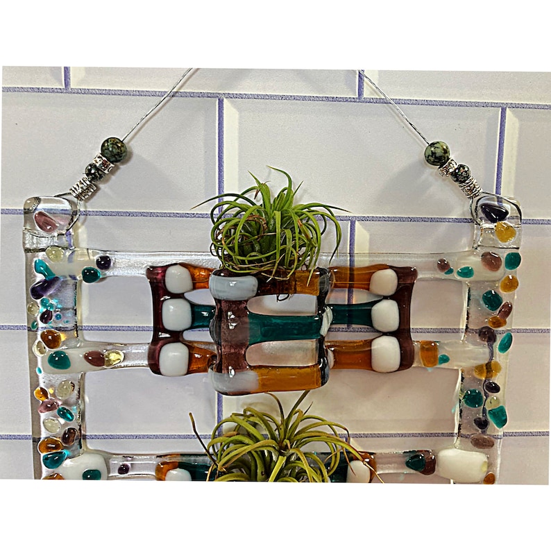 Air plant holder fused glass sun catcher colorful textural 3-tier tillandsia holder in teal, amber, and plum. Air plants not included. image 5