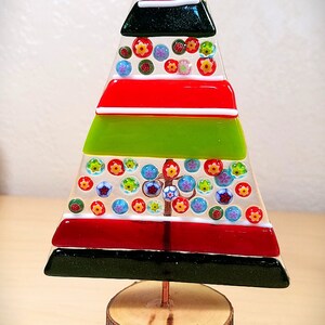 Whimsical fused glass Christmas tree / stripes and millefiori / natural wood bases / handmade by me with materials from the USA image 5