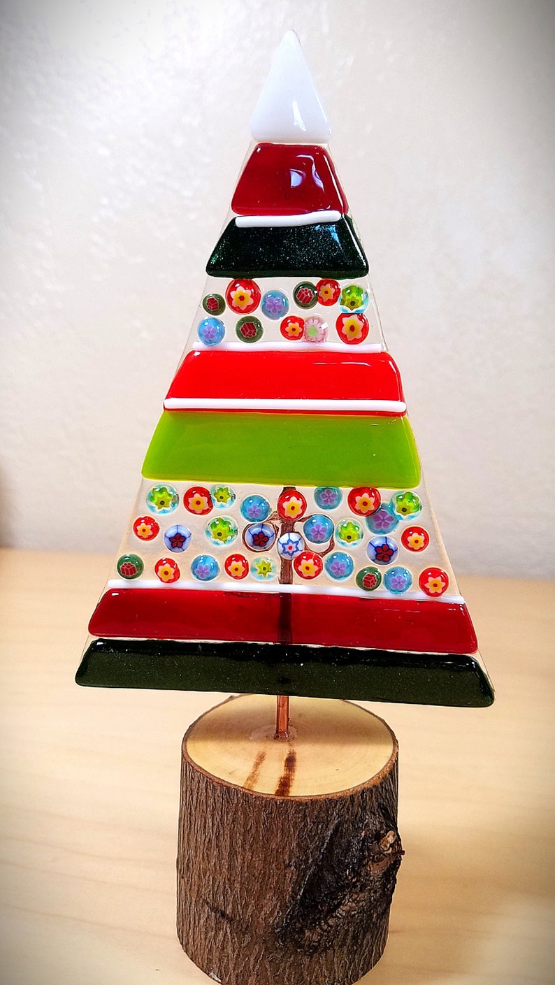 Whimsical fused glass Christmas tree / stripes and millefiori / natural wood bases / handmade by me with materials from the USA image 5