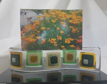 Fused glass curvy photo stand picture holder retro squares greens ambers cream