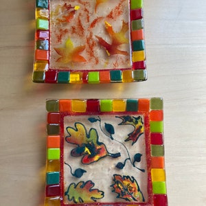 Fused glass 5&quot; square festive Thanksgiving autumn candy dishes, trinket dishes, candle holder, oak leaf design, housewarming, hostess gift
