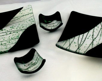 Fused Glass Sushi Dish set - green with streamers and frit