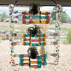 Air plant holder fused glass sun catcher colorful textural 3-tier tillandsia holder in teal, amber, and plum. Air plants not included. image 2