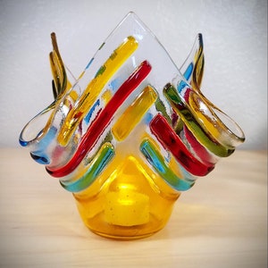 Fused glass handkerchief candle vase / draped textural candle holder / colorful and textural strips of glass /