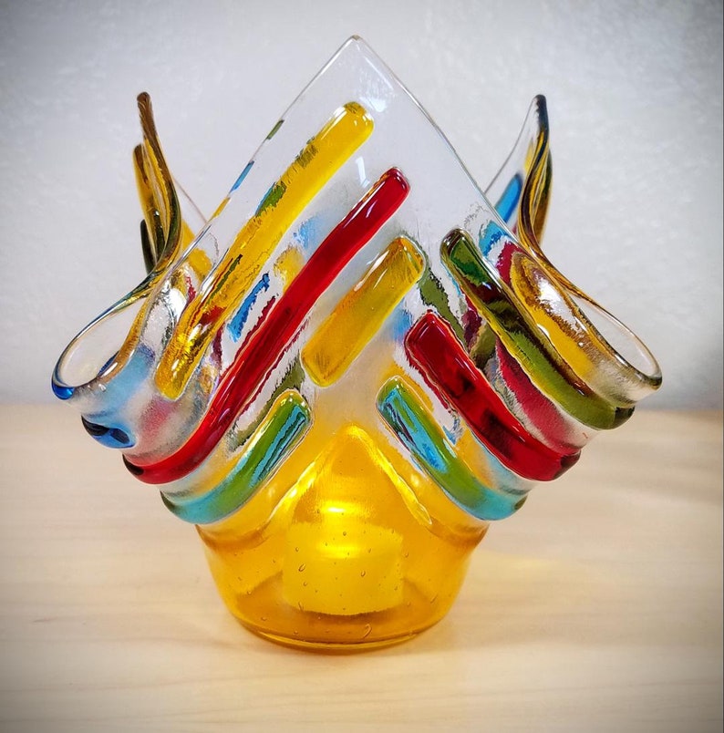 Fused glass handkerchief candle vase / draped textural candle holder / colorful and textural strips of glass / Yellow