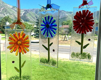 Whimsical fused glass flower sun catchers in reds, blues, or oranges / teacher gift / housewarming gift / light catcher