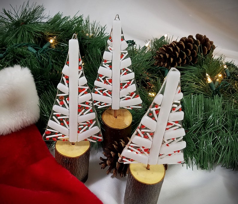 Whimsical fused glass Christmas trees on natural wood bases, version 2.0 image 6