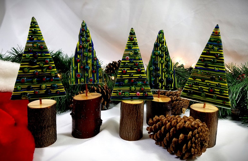 Whimsical fused glass Christmas trees on natural wood bases, version 2.0 image 3