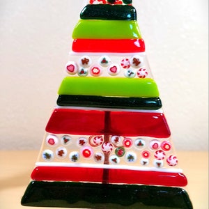 Whimsical fused glass Christmas tree / stripes and millefiori / natural wood bases / handmade by me with materials from the USA image 6