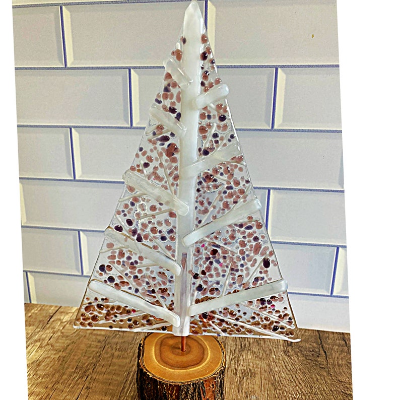 Whimsical fused glass Christmas trees / glass stringer art / natural wood bases / purple colorway White branches