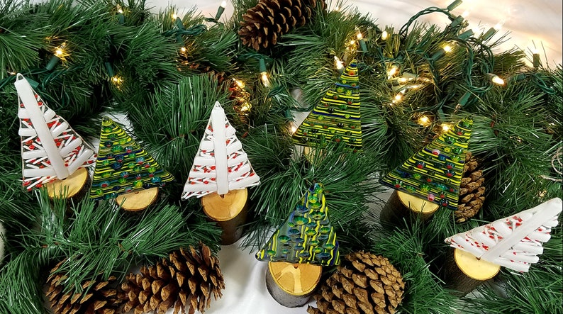 Whimsical fused glass Christmas trees on natural wood bases, version 2.0 image 2