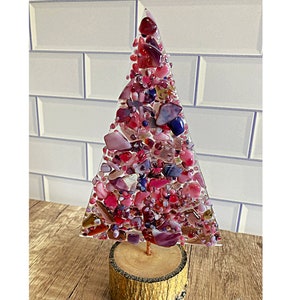 Whimsical fused glass Christmas trees / glass stringer art / natural wood bases / purple colorway Chunks and pebbles