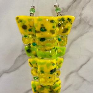 Fused glass hanging pocket vases, propagation station, for windows or wall art, for live, artificial or dried flowers, holds water Yellow and green