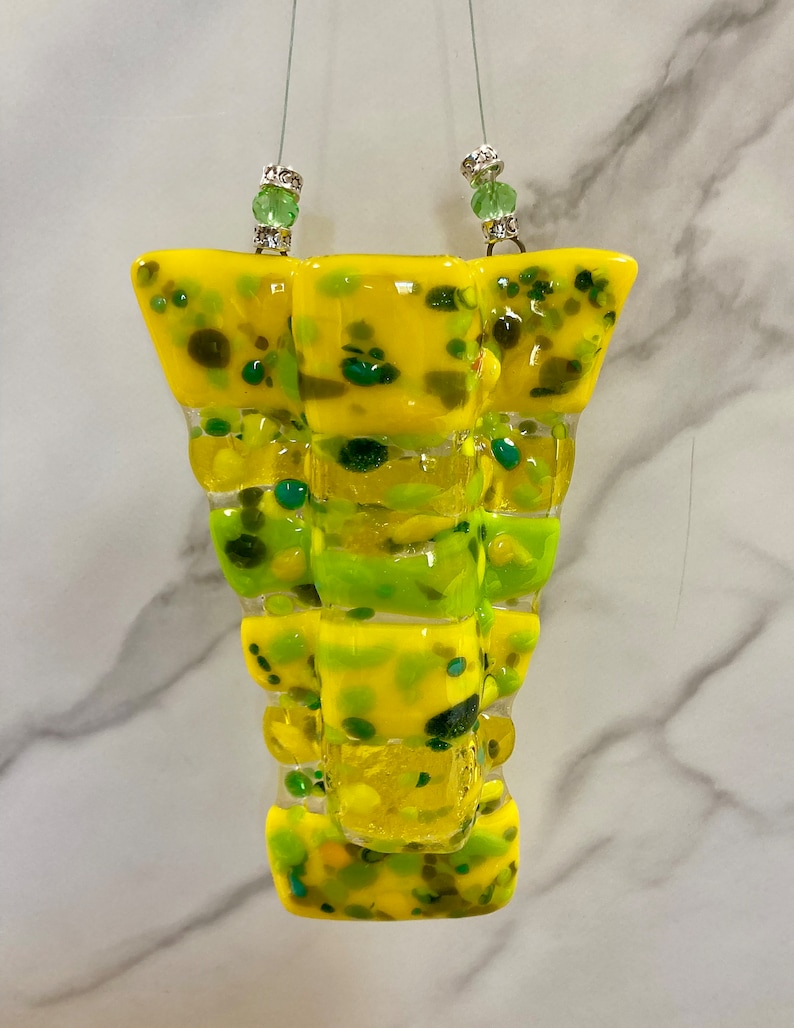 Fused glass hanging pocket vases, propagation station, for windows or wall art, for live, artificial or dried flowers, holds water Yellow and green