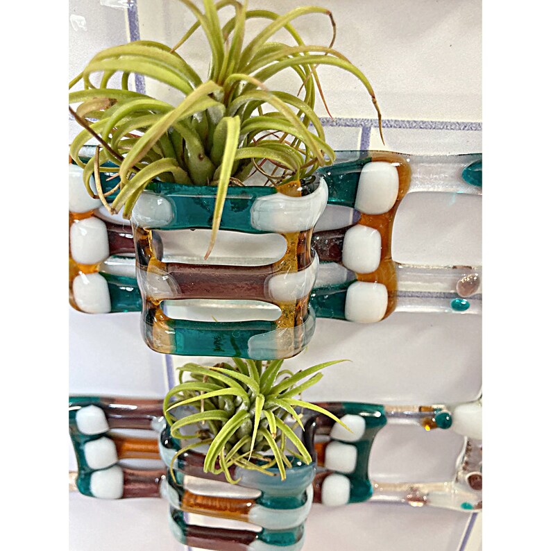 Air plant holder fused glass sun catcher colorful textural 3-tier tillandsia holder in teal, amber, and plum. Air plants not included. image 6
