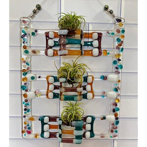 Air plant holder fused glass sun catcher colorful textural 3-tier tillandsia holder in teal, amber, and plum. Air plants not included. image 3