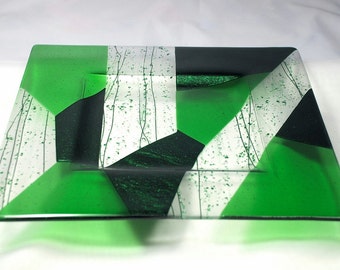 Servierplatte - Fused Glass 15 ""Quadrat Green Geometrics""