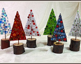 Whimsical fused glass Christmas trees / glass stringer art / natural wood bases