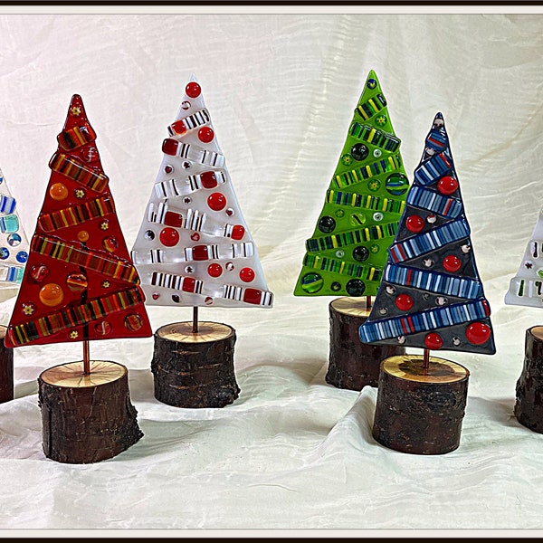 Whimsical fused glass Christmas trees / glass stringer art / natural wood bases