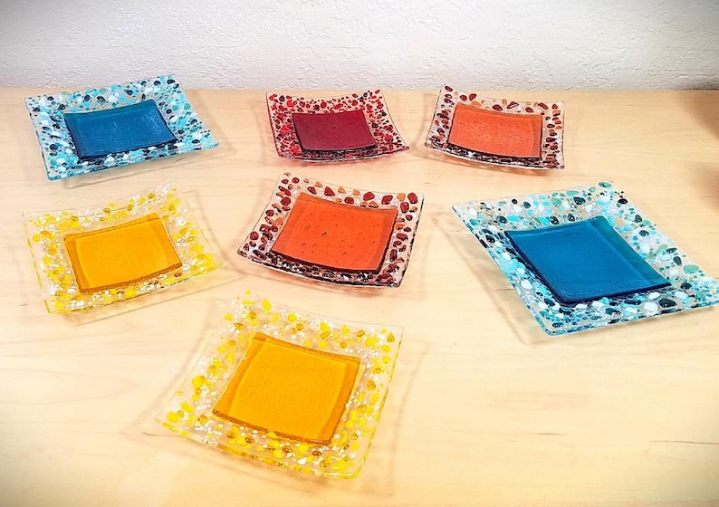 Fused glass ring dish / glass trinket dish / vibrant colors with clear glass / bridesmaid gifts / candy dish image 1