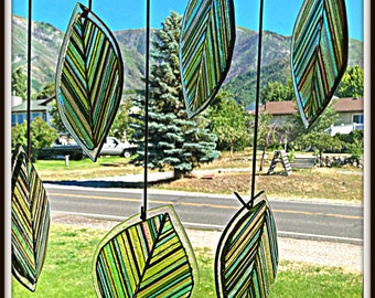 Whimsical fused glass stringer leaf sun catcher / leaf wall art / window art