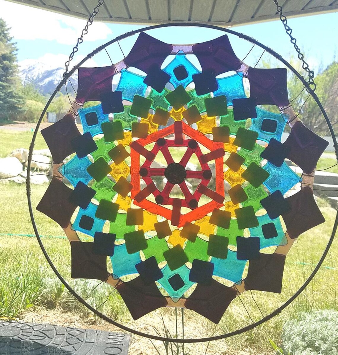 Large Rainbow Fused Glass Mandala Hanging Sun Catcher or Wall Etsy