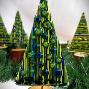 Whimsical fused glass Christmas trees on natural wood bases, version 2.0 vertical stripes