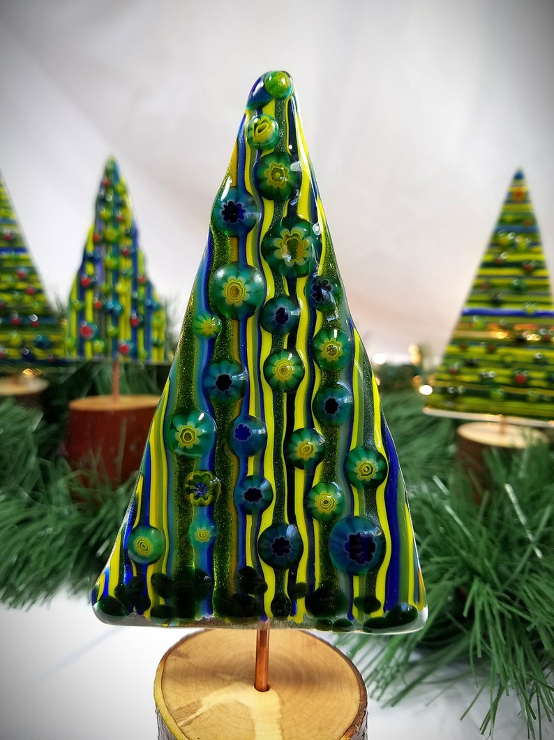 Whimsical fused glass Christmas trees on natural wood bases, version 2.0 vertical stripes