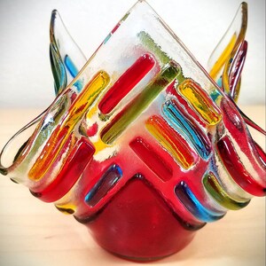 Fused glass handkerchief candle vase / draped textural candle holder / colorful and textural strips of glass / Red