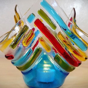 Fused glass handkerchief candle vase / draped textural candle holder / colorful and textural strips of glass / Blue