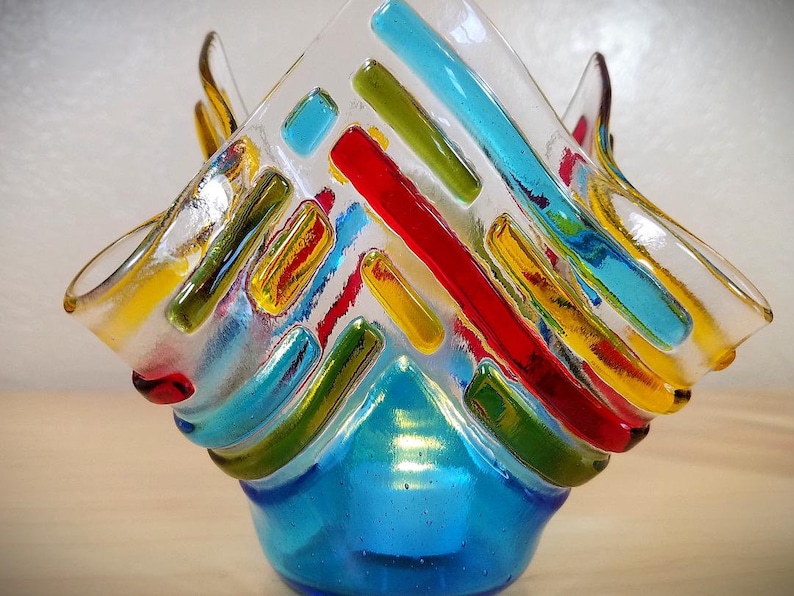 Fused glass handkerchief candle vase / draped textural candle holder / colorful and textural strips of glass / Blue