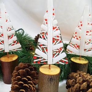 Whimsical fused glass Christmas trees on natural wood bases, version 2.0 white, clear, red