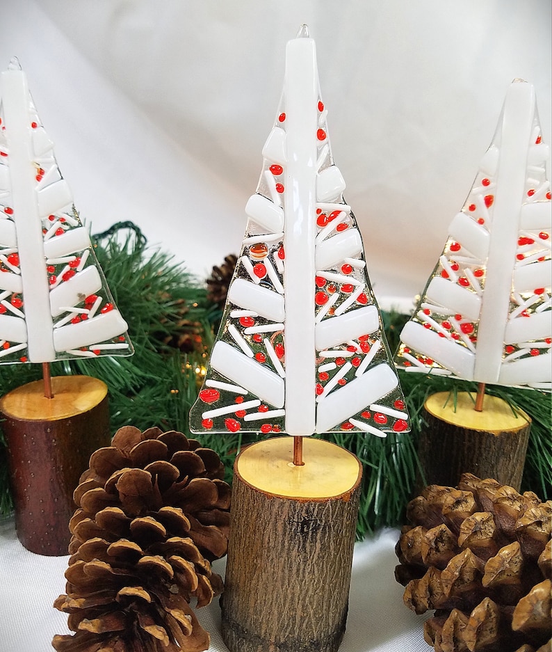 Whimsical fused glass Christmas trees on natural wood bases, version 2.0 white, clear, red