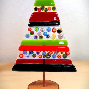 Whimsical fused glass Christmas tree / stripes and millefiori / natural wood bases / handmade by me with materials from the USA image 3