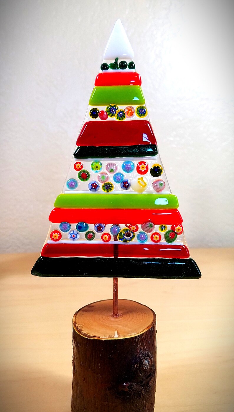 Whimsical fused glass Christmas tree / stripes and millefiori / natural wood bases / handmade by me with materials from the USA image 3